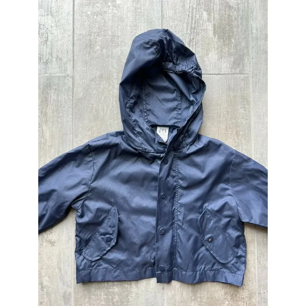 BABY GAP Navy Blue Lightweight Rain Jacket Hooded Package w/ Travel Pouch 12-24M
